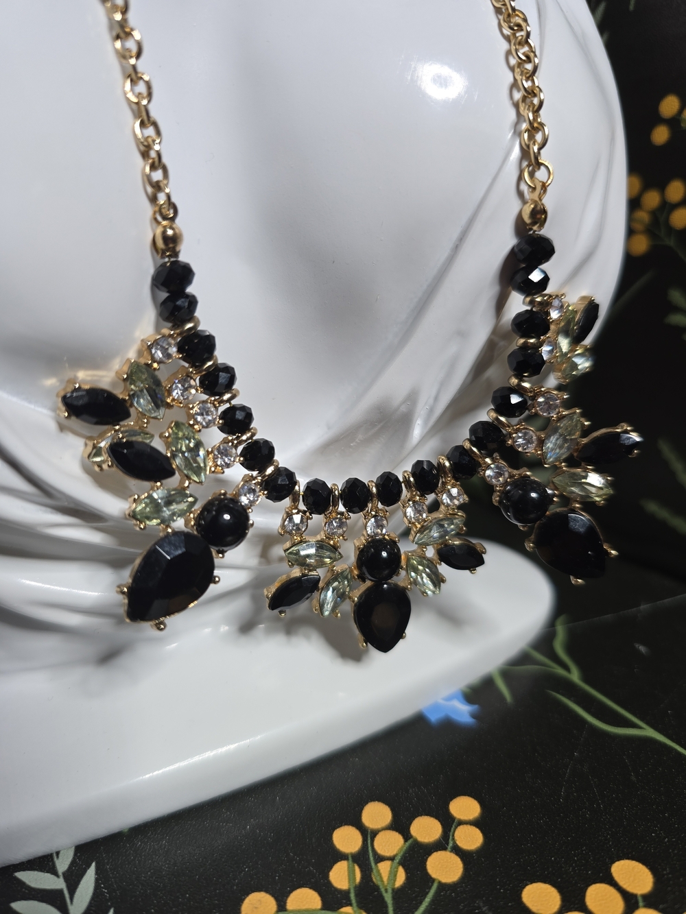 Charming Charlie Gold Tone Black Green Clear Faceted Statement Necklace Marquise
